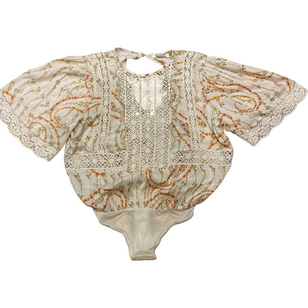 New Free People Bali Tate Blousey Bodysuit Floral Top Tapioca Boho Crochet XS - Picture 4 of 7